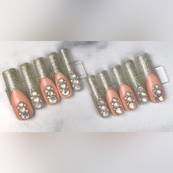 Extra long square press on nails French tips rhinestones glitter nude handmade